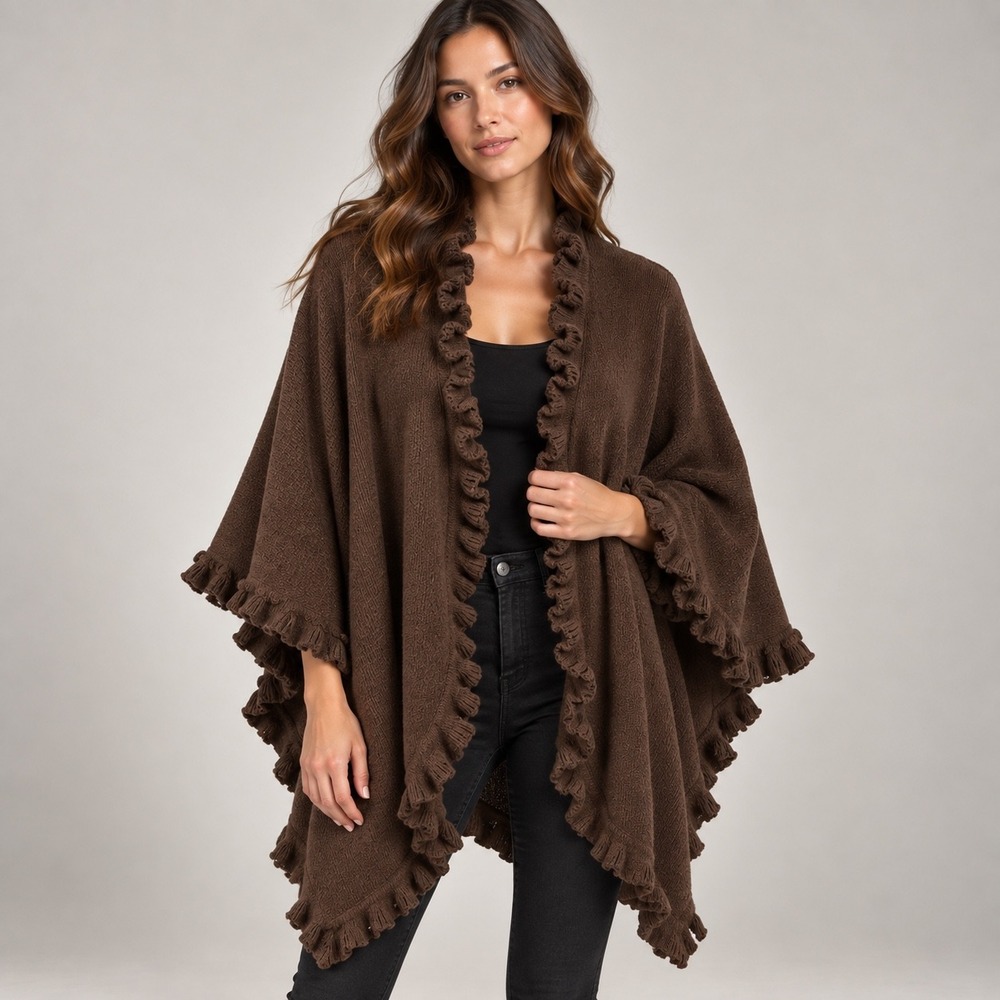 Chocolate Brown Peruvian Alpaca Blend Ruana Ruffle Trim Boho Wrap Cottagecore